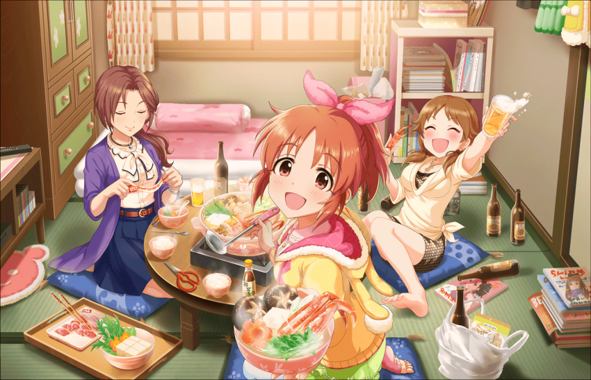 3girls abe_nana alcohol artist_request beer belt blush bookshelf bottle bowl bracelet breasts chopsticks cleavage closed_eyes collarbone earrings food futon glass holding holding_bowl holding_drinking_glass holding_food hotpot idolmaster idolmaster_cinderella_girls_starlight_stage jacket jewelry katagiri_sanae kawashima_mizuki lobster long_hair long_sleeves looking_at_viewer low-tied_long_hair magazine multiple_girls necklace official_art open_mouth ponytail rice_bowl scissors short_sleeves sitting_on_pillow skirt smile spoon steam table twintails wardrobe yellow_jacket