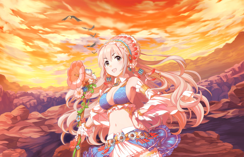 1girl armlet artist_request bare_shoulders bird blush collar eagle earrings hair_ornament idolmaster idolmaster_cinderella_girls_starlight_stage jewelry long_hair midriff navel necklace official_art open_mouth orange_sky saionji_kotoka smile solo