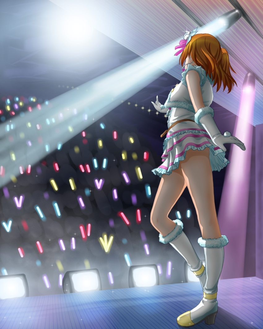 1girl boots from_behind from_below gloves highres kousaka_honoka light_stick love_live!_school_idol_project orange_hair pixelspam side_ponytail snow_halation stage stage_lights tagme white_gloves