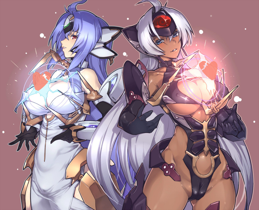 2girls ahoge android black_gloves blue_eyes blue_hair breasts cleavage commentary_request covered_nipples cyborg dark_skin elbow_gloves gloves highres hijiri kos-mos kos-mos_ver._4 large_breasts long_hair multiple_girls red_eyes silver_hair t-elos tan thigh-highs under_boob very_long_hair xenosaga xenosaga_episode_iii