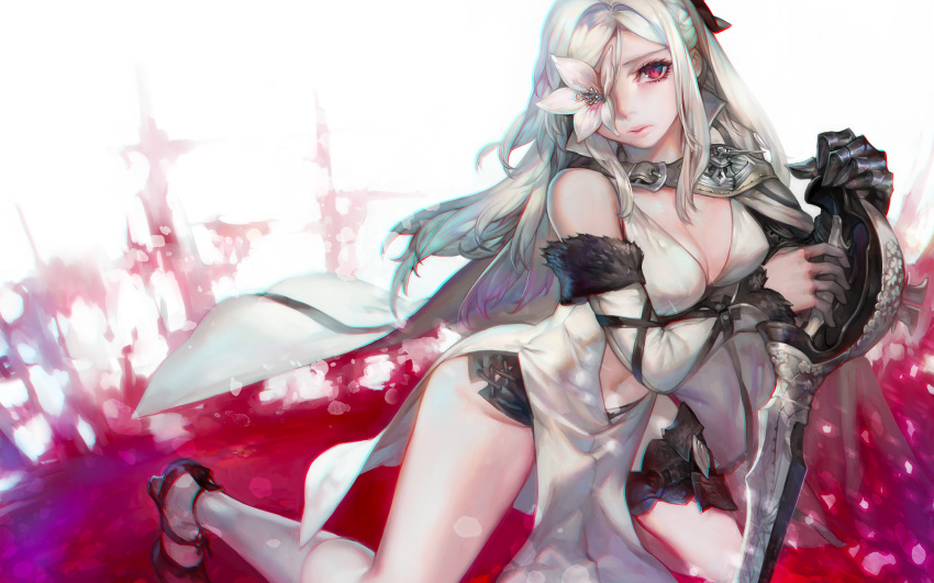 1girl aoin bare_shoulders breasts cape cleavage detached_sleeves drag-on_dragoon_3 dress flower_eyepatch frown hair_ornament highres holding_sword holding_weapon kneehighs kneeling long_hair looking_at_viewer red_eyes silver_hair solo sword wallpaper weapon white_dress zero_(drag-on_dragoon)