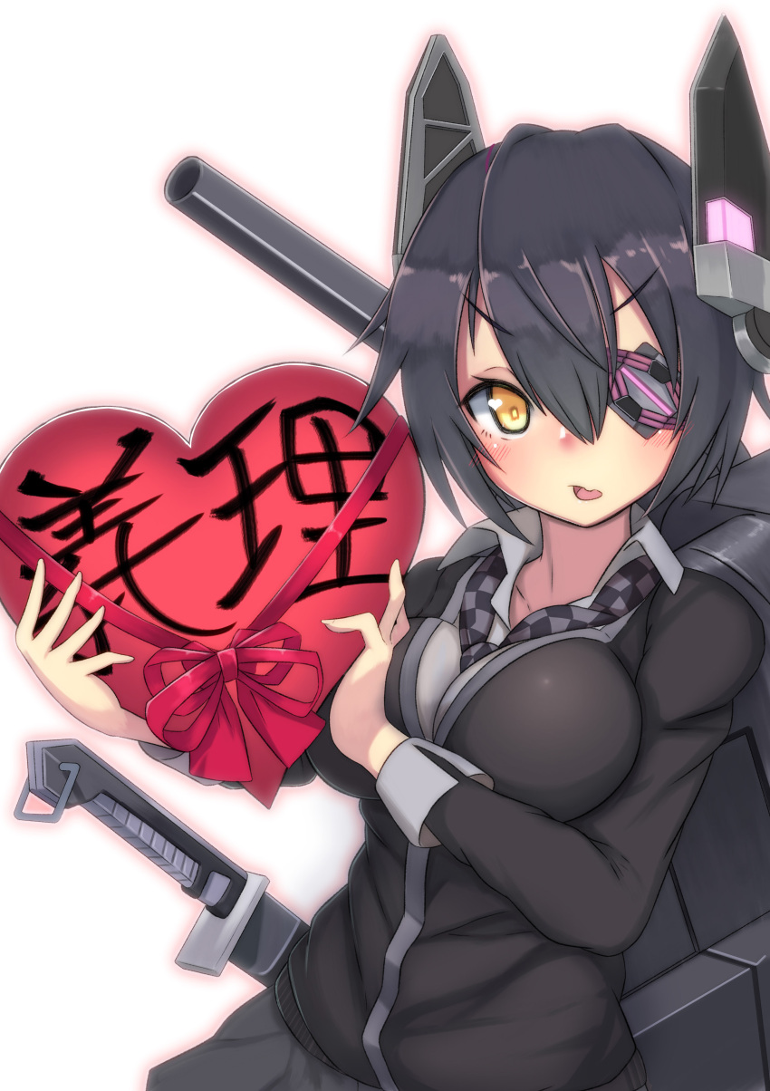 1girl absurdres beriko_(dotera_house) blush breasts cardigan checkered_necktie eyepatch headgear heart heart-shaped_box highres kantai_collection machinery necktie open_mouth purple_hair short_hair simple_background skirt solo sword tenryuu_(kantai_collection) upper_body valentine weapon white_background yellow_eyes