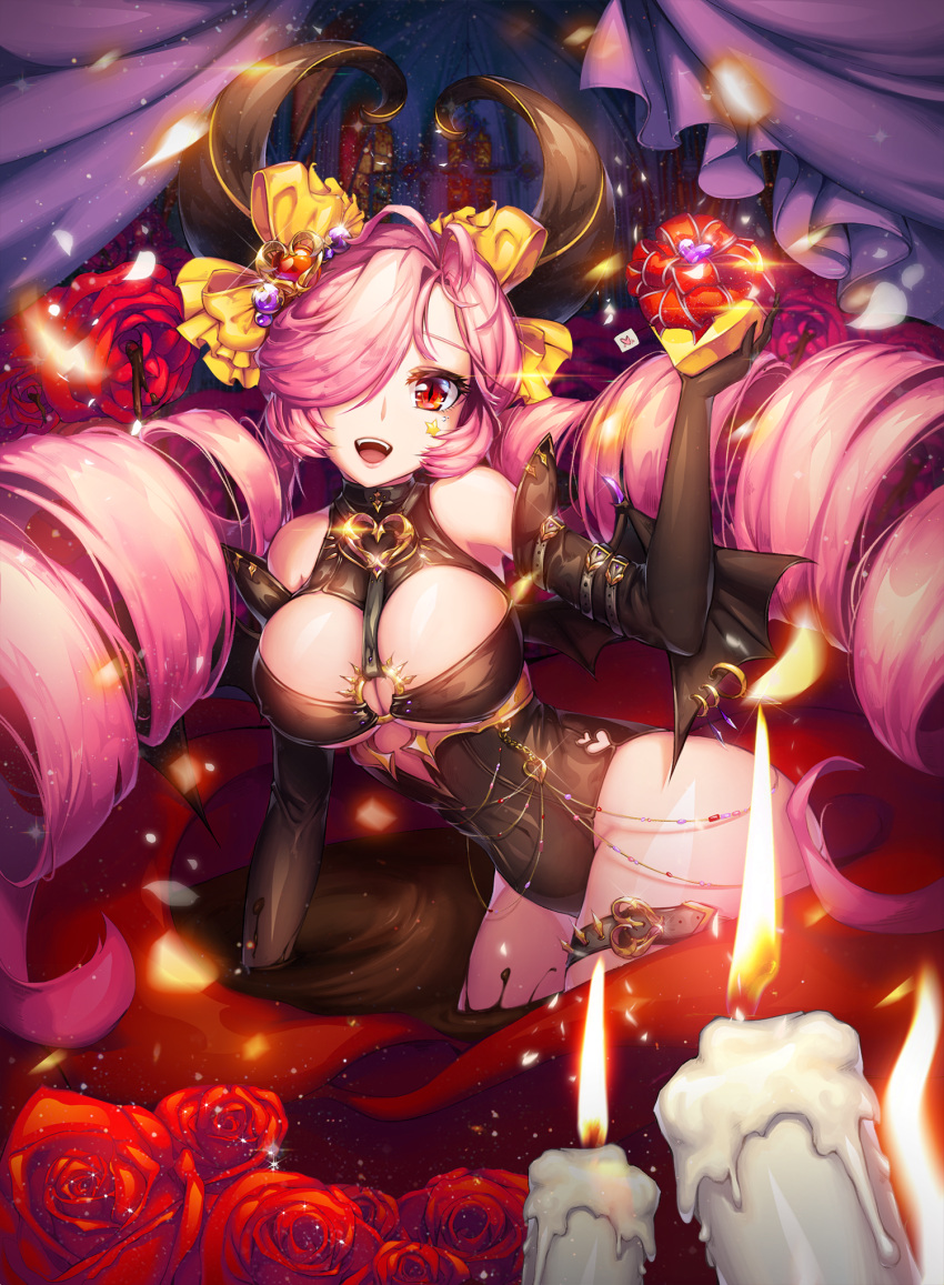 1girl :d black_gloves bow breasts candle candlelight chocolate cleavage drill_hair elbow_gloves flower gloves hair_bow hair_ornament hair_over_one_eye heart highres jewelry leotard long_hair looking_at_viewer open_mouth original pink_hair red_eyes rose smile snow_is_ solo teeth thigh_strap tongue twin_drills very_long_hair