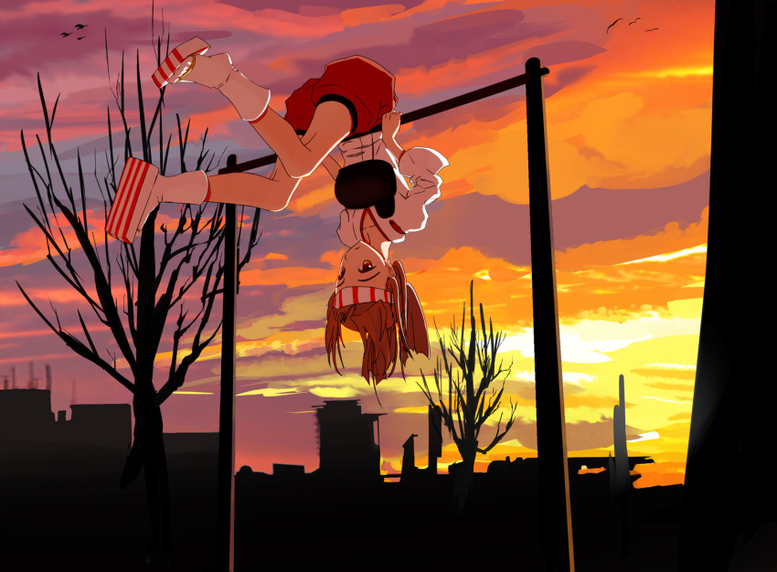 1girl artist_request headband kantai_collection monkey_bars muneate solo sunset tree upside-down zuihou_(kantai_collection)