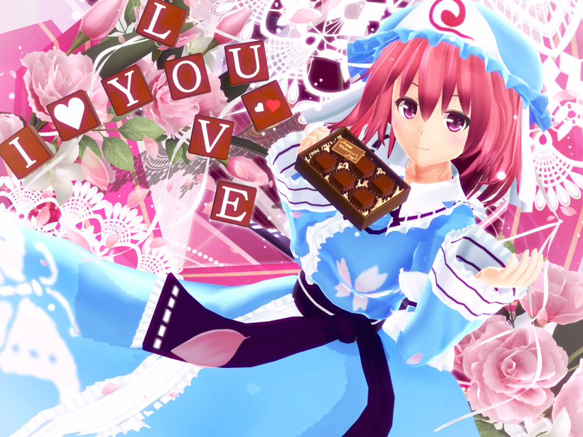 1girl 3d chocolate english highres kurogoma_(glassesgurasan) mikumikudance saigyouji_yuyuko solo touhou valentine