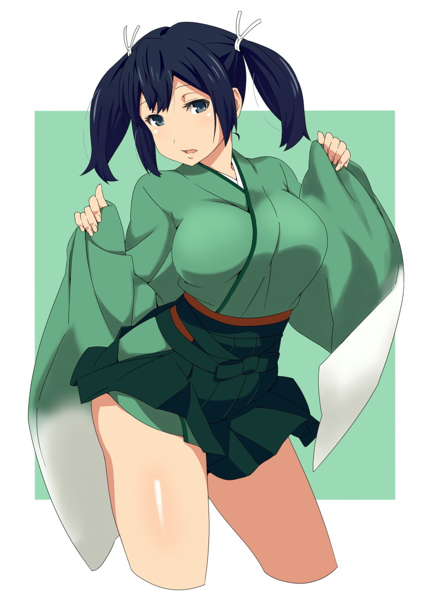 1girl akitetsu blue_eyes blue_hair breasts highres japanese_clothes kantai_collection kimono large_breasts long_sleeves looking_at_viewer obi open_mouth pleated_skirt sash short_hair skirt solo souryuu_(kantai_collection) twintails wide_sleeves