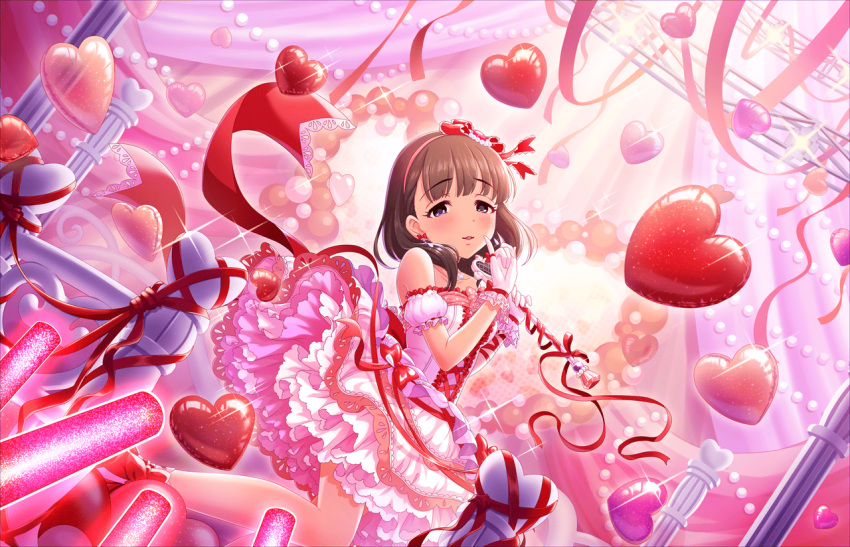 1girl artist_request bare_shoulders blush brown_hair collarbone earrings gloves hairband idolmaster idolmaster_cinderella_girls_starlight_stage jewelry long_hair looking_at_viewer necklace official_art red_ribbon ribbon sakuma_mayu short_gloves smile solo white_gloves