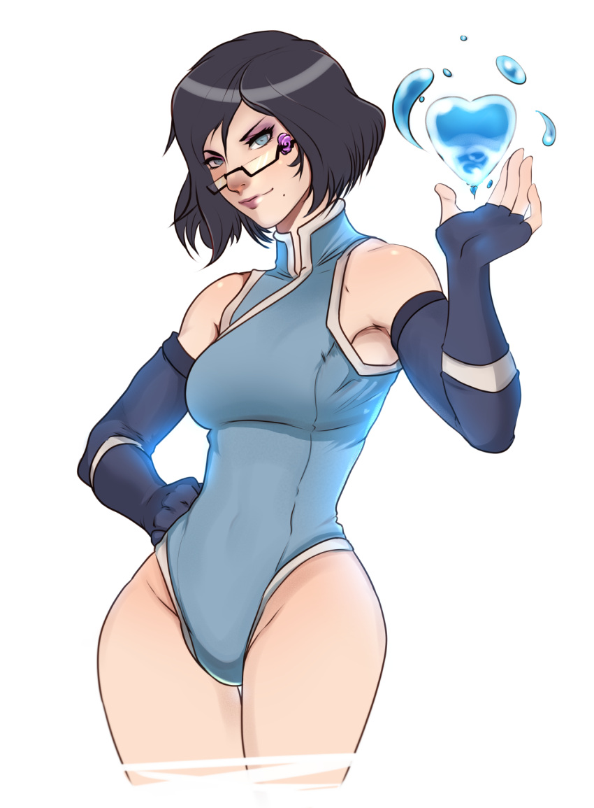 1girl avatar:_the_last_airbender bare_shoulders bayonetta bayonetta_(character) bayonetta_2 black_hair blue_eyes breasts elbow_gloves fingerless_gloves glasses gloves hand_on_hip heart highres korra korra_(cosplay) leotard lips looking_at_viewer mole mole_under_mouth open_mouth short_hair simple_background solo superboin the_legend_of_korra thighs water white_background wide_hips