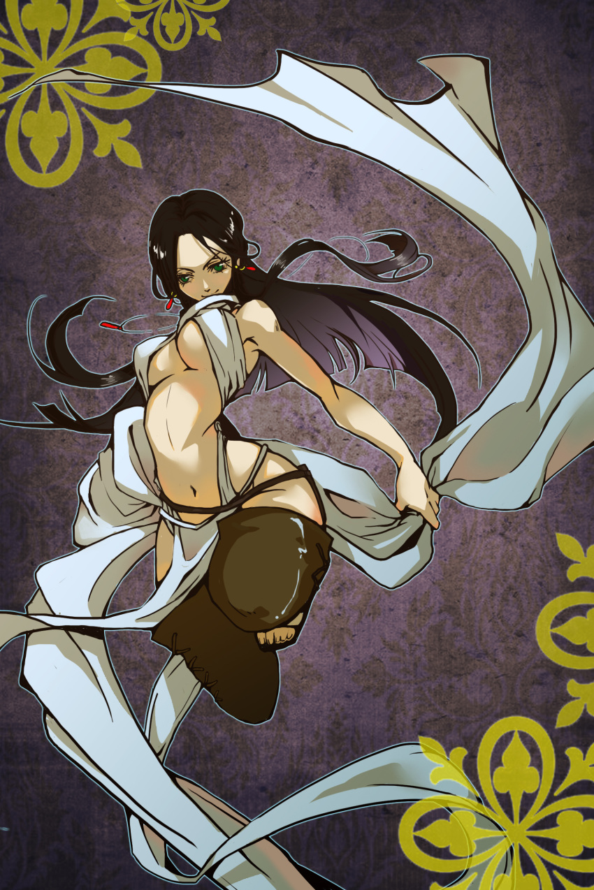 1girl absurdres aqua_eyes arslan_senki black_hair boots breasts cleavage earrings falangies full_body highres jewelry jumpsuit kojitsugetsu loincloth long_hair looking_at_viewer navel open_toe_shoes revealing_clothes sash shoes smirk solo thigh-highs thigh_boots under_boob