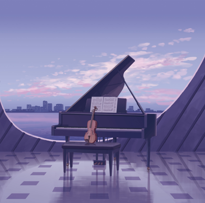blue_sky clouds highres instrument isou_nagi no_humans original piano piano_bench reflection scenery sheet_music sky skyline violin window