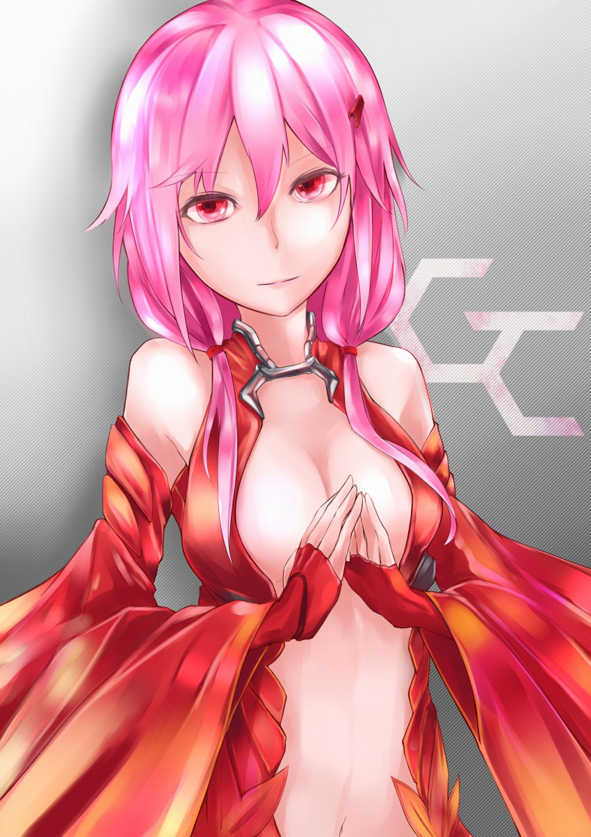 1girl bare_shoulders breasts center_opening cleavage detached_sleeves elbow_gloves fingerless_gloves gloves guilty_crown hair_ornament hairclip highres kie large_breasts long_hair looking_at_viewer navel pink_hair red_eyes smile solo twintails yuzuriha_inori