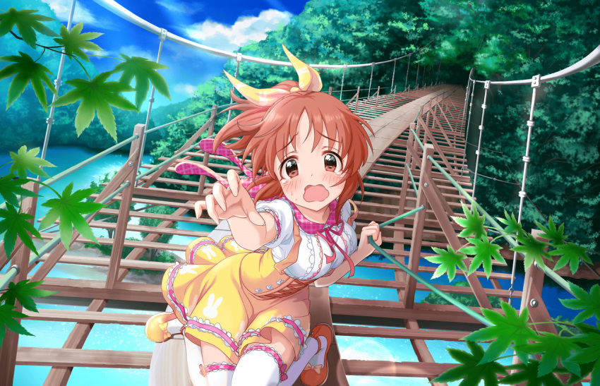 1girl abe_nana artist_request blush bridge clouds forest idolmaster idolmaster_cinderella_girls_starlight_stage looking_at_viewer nature official_art open_mouth orange_shoes pink_ribbon ponytail ribbon scared shoes short_sleeves sky solo tears thigh-highs tree water