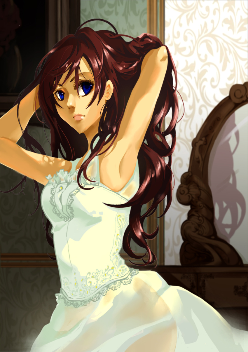1girl absurdres armpits arms_up assassin's_creed:_unity assassin's_creed_(series) blue_eyes dress elise_de_la_serre highres indoors kojitsugetsu lipstick long_hair makeup mirror painting_(object) redhead sleeveless sleeveless_dress solo wallpaper_(object)