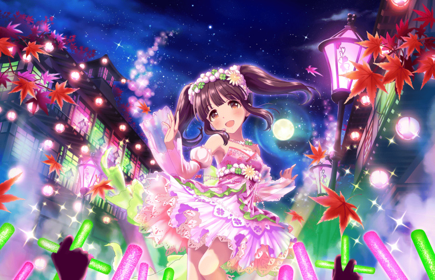 1girl artist_request autumn_leaves bangs bare_shoulders bead_necklace beads blunt_bangs blush breasts brown_eyes cleavage collarbone detached_sleeves dress flower hair_flower hair_ornament idolmaster idolmaster_cinderella_girls_starlight_stage jewelry lamppost lantern long_hair moon necklace night night_sky official_art ogata_chieri open_mouth pink_dress sidelocks sky smile solo twintails
