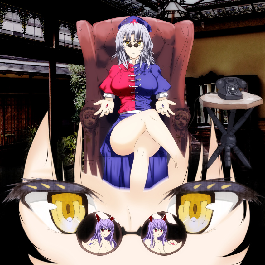 2girls absurdres breasts couch crossed_legs dress glasses hat highres large_breasts long_hair looking_at_viewer multicolored_dress multiple_girls nurse_cap parody pill pince-nez reisen_udongein_inaba silver_hair sitting the_matrix tk31 touhou yagokoro_eirin yellow_eyes