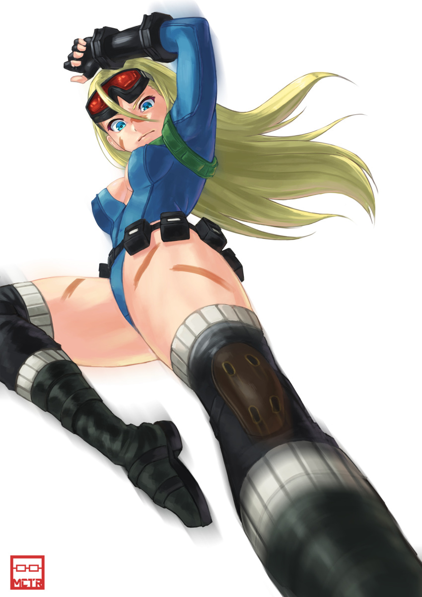 1girl alternate_costume alternate_hairstyle blonde_hair blue_eyes boots cammy_white camouflage center_opening covered_nipples facepaint fingerless_gloves flying_kick gloves goggles goggles_on_head hair_between_eyes hair_down highres kicking knee_pads leotard long_hair michitarou solo street_fighter street_fighter_v thigh-highs thigh_boots thong_leotard