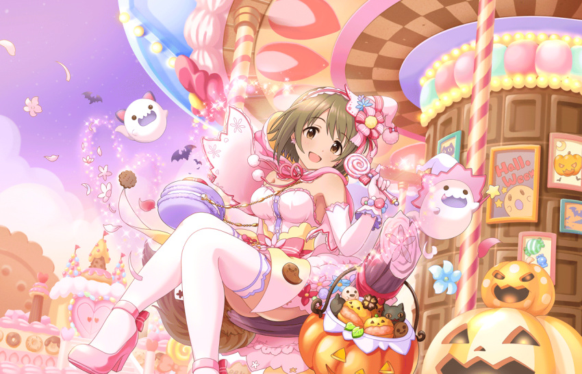 1girl artist_request bare_shoulders bat blush bracelet brown_eyes brown_hair cake candy capelet cuffs detached_sleeves earrings flower food food_themed_clothes ghost hairband halloween hat high_heels idolmaster idolmaster_cinderella_girls_starlight_stage jewelry looking_at_viewer mimura_kanako official_art open_mouth petals pink_shoes pumpkin shoes smile solo wand white_legwear witch_hat