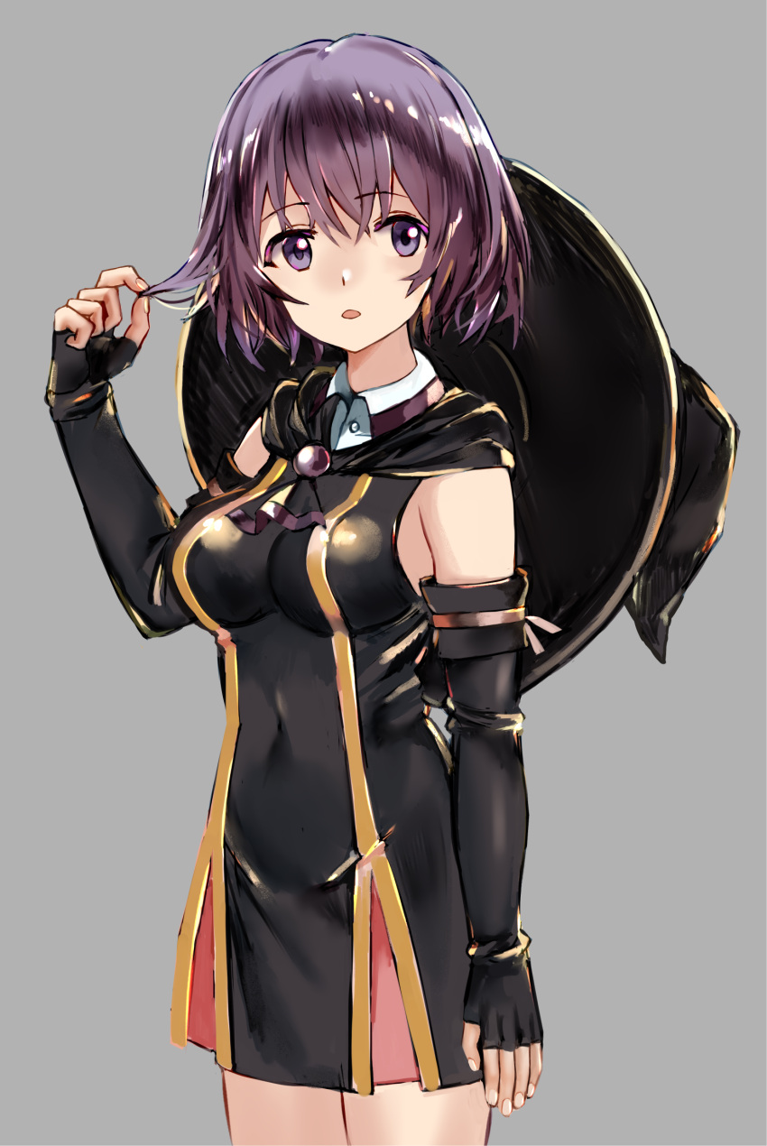 1girl bare_shoulders black_dress black_gloves breasts capelet commentary_request covered_navel dress elbow_gloves fingerless_gloves gloves hai_to_gensou_no_grimgar hand_in_hair hat highres looking_to_the_side open_mouth purple_hair ruisento shihoru_(grimgar) short_hair sleeveless sleeveless_dress solo violet_eyes witch_hat