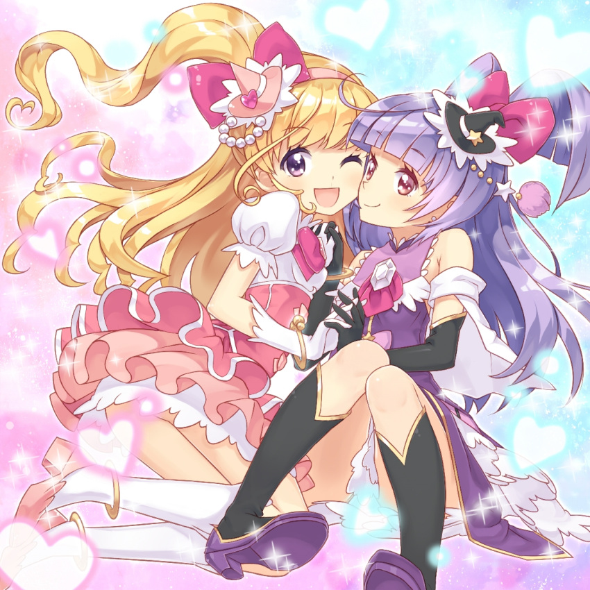 2girls ;d aqua_background asahina_mirai black_boots black_gloves black_hat blonde_hair boots bow buntan capelet cure_magical cure_miracle full_body gem gloves hair_bow half_updo hat heart highres holding_hands izayoi_liko knee_boots long_hair looking_at_viewer magical_girl mahou_girls_precure! mini_hat mini_witch_hat multiple_girls one_eye_closed open_mouth pink_background pink_bow pink_hat pink_skirt ponytail precure puffy_sleeves purple_hair purple_skirt sitting skirt smile violet_eyes white_boots white_gloves witch_hat