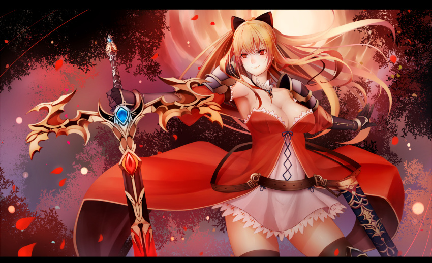 1girl bare_shoulders belt blonde_hair breasts character_request detached_sleeves dress frills gauntlets granblue_fantasy hair_ribbon highres holding_sword holding_weapon inaba_sunimi large_breasts long_hair petals red_eyes red_sky ribbon sheath shoulder_pads sky sleeveless sleeveless_dress smile solo sword thigh-highs tree weapon wind zettai_ryouiki
