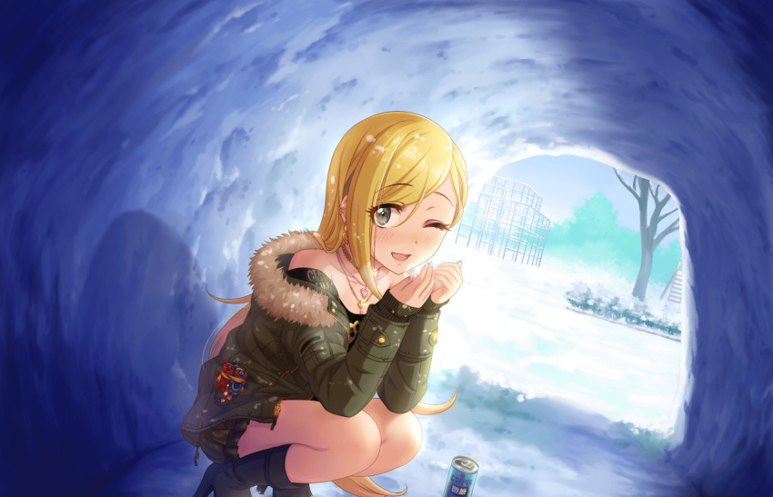 1girl artist_request black_shirt blonde_hair blush boots breasts breath canned_coffee cleavage collarbone earrings fujimoto_rina fur_trim grey_eyes high_heels idolmaster idolmaster_cinderella_girls_starlight_stage jacket jewelry long_hair looking_at_viewer nail_polish necklace official_art one_eye_closed open_mouth shirt smile snow solo squatting
