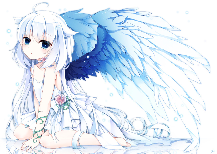 barefoot blue_eyes choker dress flower highres original shiro_yurine thorns white_background white_dress white_hair wings yuu_(shiro_yurine)