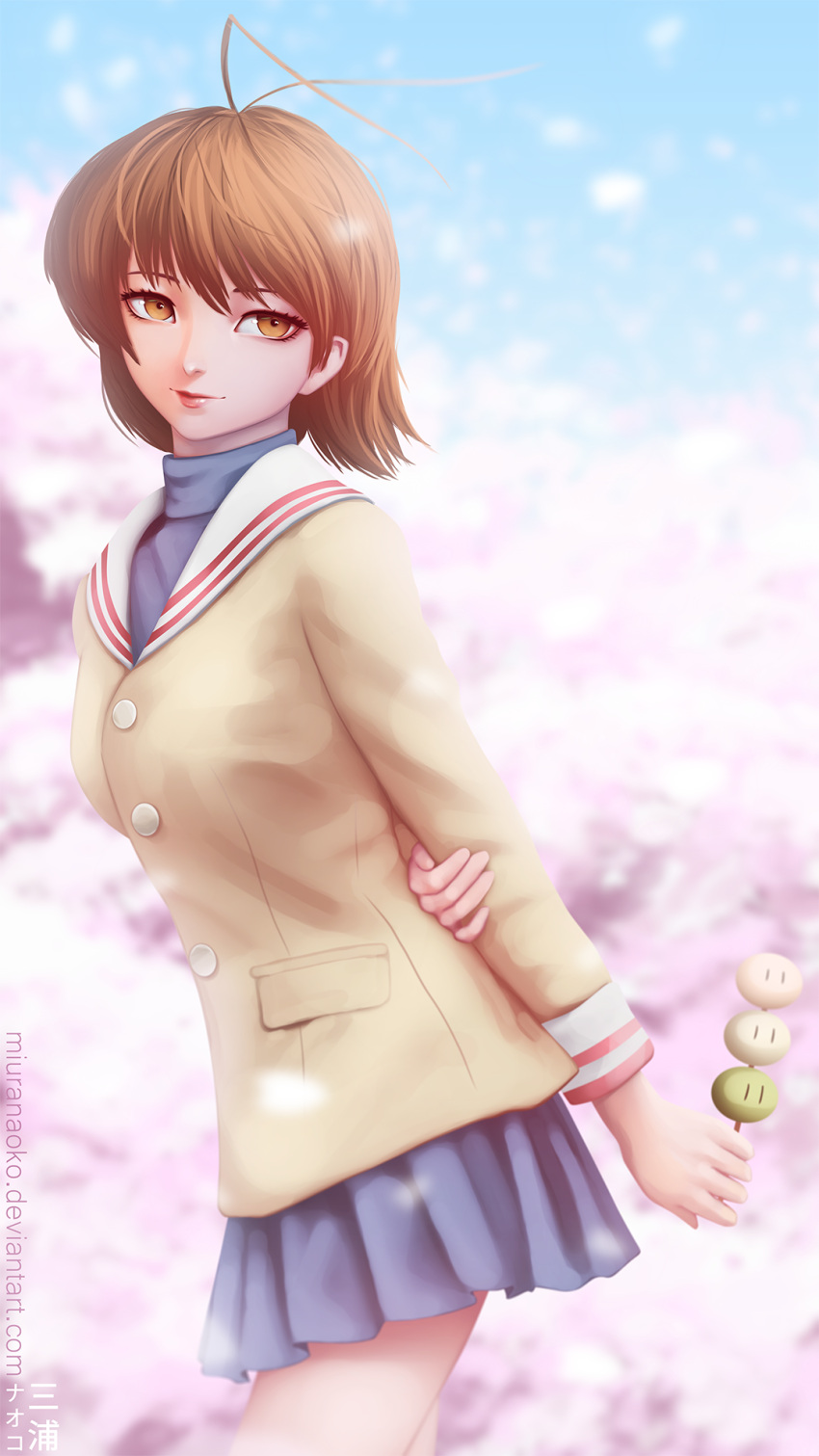 1girl antenna_hair arm_behind_back artist_name blue_skirt blue_sky brown_eyes brown_hair buttons cherry_blossoms clannad closed_mouth cowboy_shot dango dango_daikazoku food furukawa_nagisa highres holding_arms holding_food leaning_forward light_smile lips long_sleeves looking_at_viewer naoko_(naoko00) outdoors petals plant pleated_skirt pocket short_hair skirt sky sleeve_cuffs smiley_face solo standing sweater tree turtleneck wagashi watermark web_address |_|