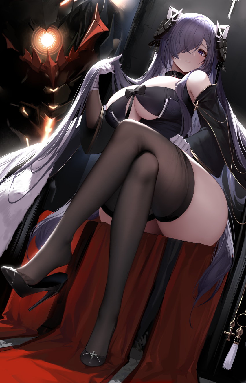 1girl absurdres an_yasuri ass august_von_parseval_(azur_lane) azur_lane banned_artist bare_shoulders black_dress black_footwear black_hair breasts brown_legwear cape clothing_cutout crossed_legs detached_collar dress gloves gold_trim hair_over_one_eye hand_up high_heels highres horns large_breasts long_hair long_sleeves looking_at_viewer off_shoulder shoe_dangle sitting sleeveless sleeveless_dress solo thigh-highs thighs under_boob underboob_cutout very_long_hair violet_eyes white_gloves