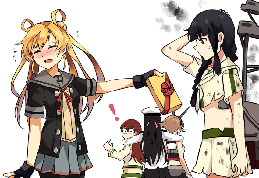 ! 5girls abukuma_(kantai_collection) admiral_(kantai_collection) back bangs bare_shoulders bike_shorts black_gloves black_hair black_skirt blonde_hair blunt_bangs blush box braid broken brown_hair buttons closed_eyes double_bun female_admiral_(kantai_collection) fingerless_gloves flying_sweatdrops gift gift_box giving gloves hair_between_eyes hair_over_shoulder hair_rings hand_behind_head hand_on_own_head hat headgear holding_gift kantai_collection kitakami_(kantai_collection) long_hair looking_away looking_back midriff military military_hat military_uniform multiple_girls mutsu_(kantai_collection) neko_(yanshoujie) o_o ooi_(kantai_collection) open_mouth peaked_cap pleated_skirt remodel_(kantai_collection) school_uniform serafuku short_hair short_sleeves shorts_under_skirt simple_background skirt smoke solid_circle_eyes torn_clothes torn_skirt twintails uniform valentine white_background white_gloves