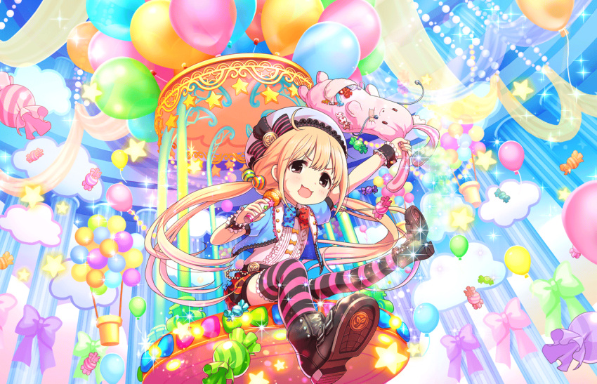 1girl artist_request balloon blonde_hair boots bow bowtie candy chewing cuffs futaba_anzu hat holding_microphone holding_stuffed_animal idolmaster idolmaster_cinderella_girls_starlight_stage long_hair looking_at_viewer official_art open_mouth short_sleeves solo striped striped_legwear thigh-highs twintails