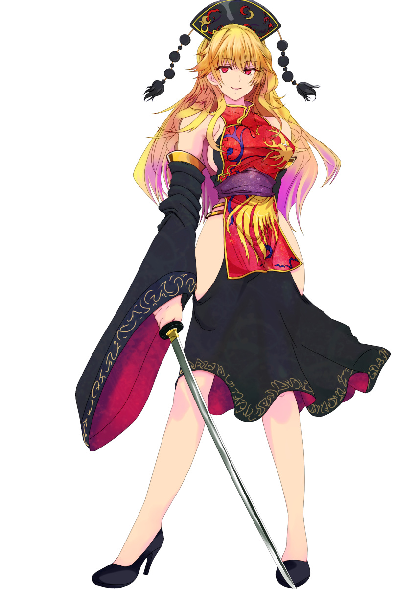 1girl :d absurdres adapted_costume bare_shoulders blonde_hair breasts commentary_request covered_nipples detached_sleeves full_body hat high_heels highres hips junko_(touhou) katana long_hair looking_at_viewer open_mouth red_eyes sash side_cutout sideboob skirt smile solo sword tabard tk31 touhou weapon white_background wide_sleeves