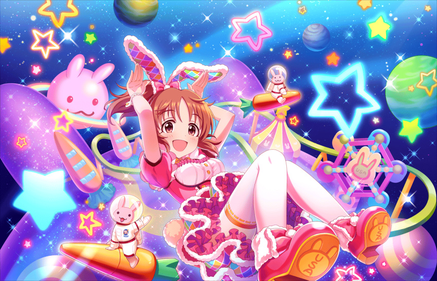 1girl abe_nana animal_ears artist_request blush bunny_pose cuffs idolmaster idolmaster_cinderella_girls_starlight_stage looking_at_viewer official_art open_mouth pink_shoes planet ponytail rabbit_ears shoes short_sleeves sidelocks smile solo star thigh-highs white_legwear