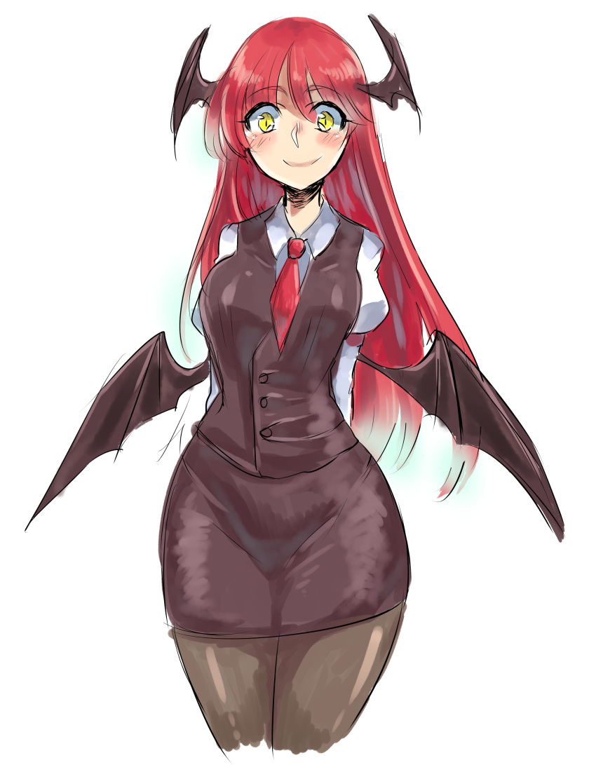 1girl absurdres arms_behind_back black_legwear black_skirt cowboy_shot demon_wings hair_between_eyes head_wings highres koakuma long_hair looking_at_viewer necktie pantyhose pencil_skirt redhead skirt smile toa_(kitakaze_setsuna) touhou white_blouse wings yellow_eyes