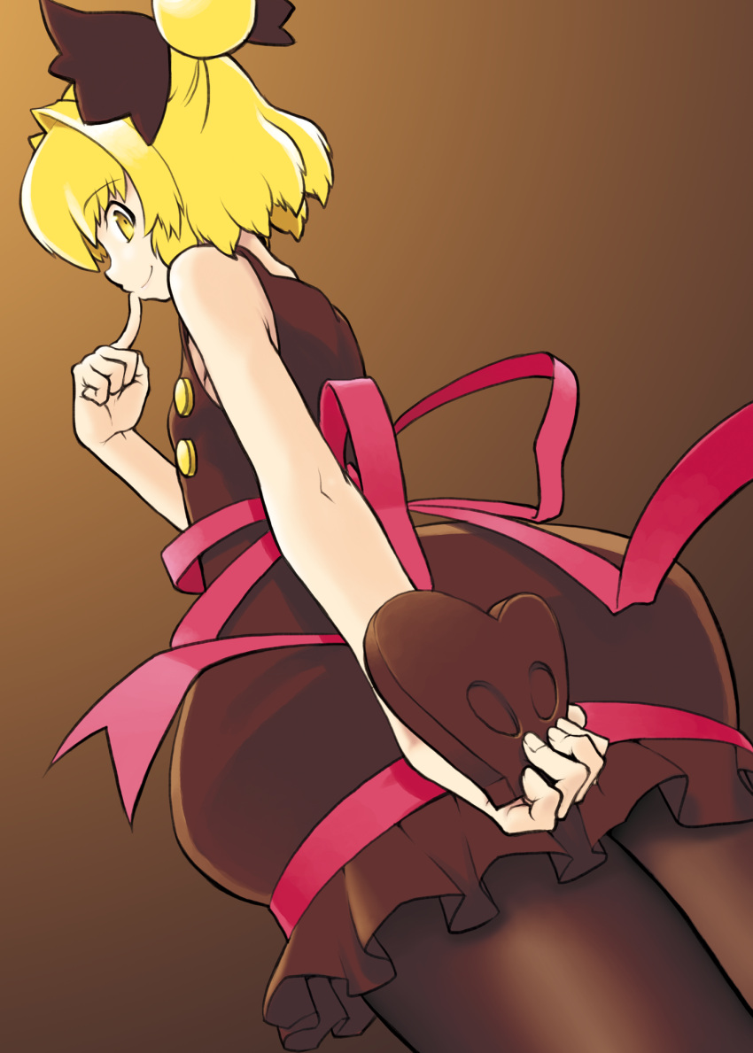 1girl adapted_costume alternate_costume bare_arms bare_shoulders blonde_hair brown_background brown_dress brown_legwear chocolate chocolate_heart dress dutch_angle finger_to_mouth from_below gradient gradient_background hair_bun hair_ribbon heart highres kagehito kurodani_yamame looking_at_viewer looking_down pantyhose profile ribbon short_hair sleeveless smile solo touhou valentine yellow_eyes