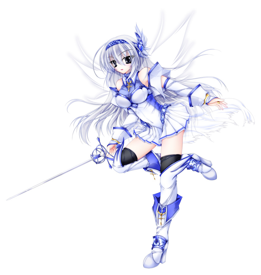 1girl arm_warmers black_legwear boots covered_navel expressionless full_body grey_eyes hairband halterneck highres knee_boots long_hair looking_at_viewer magical_girl original pleated_skirt rapier silver_hair skirt solo standing_on_one_leg sword thigh-highs weapon white_background white_boots white_legwear white_skirt wings yu-ri_(noteism)