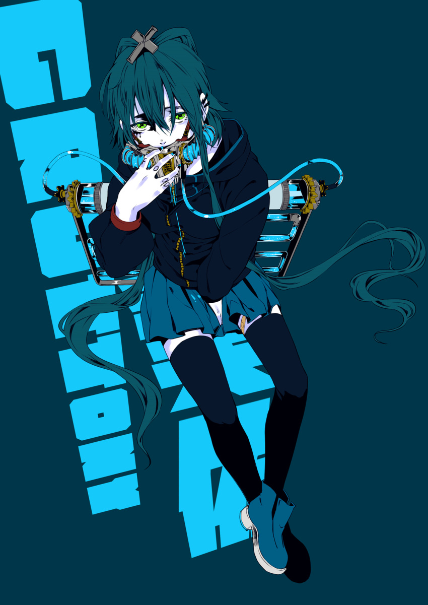 1girl alternate_costume bandaid bandaid_on_leg between_legs black_legwear blue blue_background blue_boots blue_hair blue_legwear blue_nails blue_skirt body_writing boots cable covered_mouth cross_hair_ornament crossed_ankles full_body green_eyes hair_between_eyes hair_ornament hand_between_legs highres holding holding_microphone hood hood_down hooded_jacket jacket jin_chongtian long_hair long_sleeves looking_at_viewer luo_tianyi microphone microphone_stand miniskirt nail_polish pleated_skirt sitting skirt solo text thigh-highs very_long_hair vocaloid vocanese white_skin