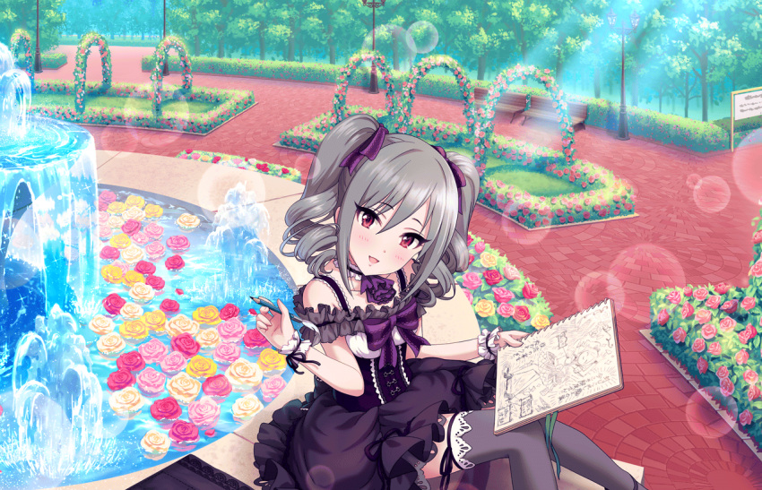1girl artist_request ascot bare_shoulders blush collarbone cuffs drill_hair flower fountain grey_hair grey_legwear hair_ribbon holding_pencil idolmaster idolmaster_cinderella_girls_starlight_stage kanzaki_ranko lamppost looking_at_viewer official_art open_mouth park pink_eyes pink_flower purple_ribbon ribbon rose_bush sketchbook sleeveless smile solo thigh-highs tree twin_drills water white_flower yellow_flower