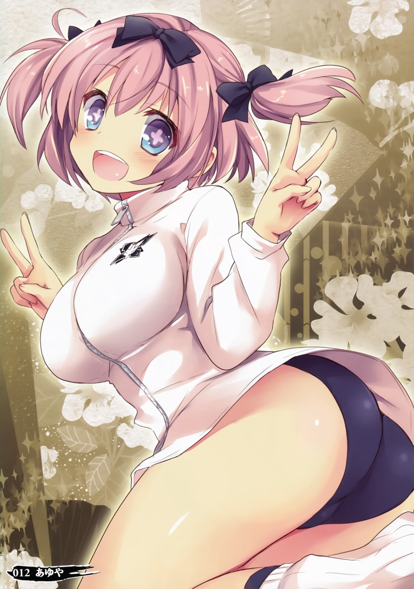 +_+ 1girl absurdres ass blue_eyes bow breasts buruma hair_bow hibari_(senran_kagura) highres large_breasts looking_at_viewer pink_hair senran_kagura_(series) short_hair short_twintails smile solo symbol-shaped_pupils thighs trefoil twintails v zipper