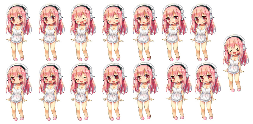 &gt;:( &gt;:3 &gt;:d &gt;:o &gt;_&lt; 6+girls :3 :d :o ^_^ apron blush breasts chibi closed_eyes crying headphones highres large_breasts long_hair looking_at_viewer multiple_girls naked_apron nitroplus open_mouth pink_hair red_eyes silver15 smile solo super_sonico x3