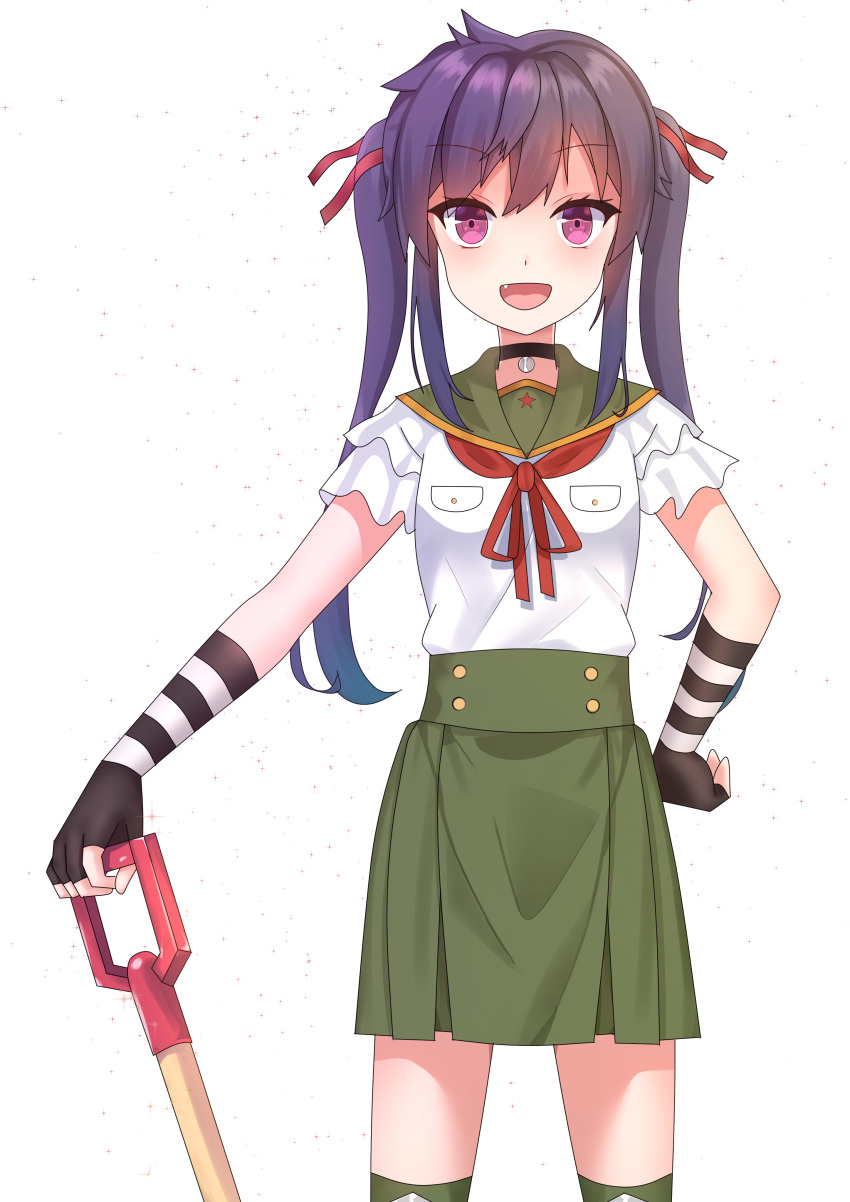 1girl absurdres ebisuzawa_kurumi fang fingerless_gloves gakkou_gurashi! gloves green_skirt hair_ribbon highres long_hair looking_at_viewer open_mouth purple_hair red_ribbon ribbon school_uniform simple_background skirt solo striped striped_gloves twintails unscpro violet_eyes white_background