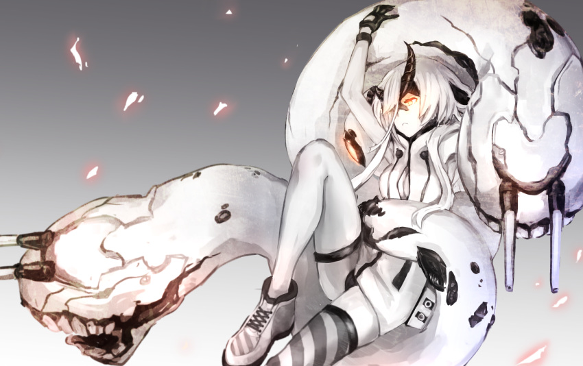 asymmetrical_legwear breasts cleavage commentary_request gloves heavy_cruiser_hime horns kantai_collection leaning_back open_clothes shinkaisei-kan shoes short_hair sitting sleeveless sleeveless_hoodie striped striped_legwear teeth tennis_shoes thigh-highs weasel_(close-to-the-edge) white_eyes white_hair