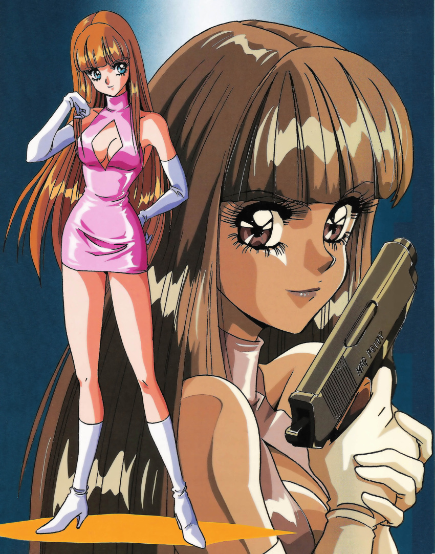 1girl bare_shoulders blue_eyes boots breasts brown_hair center_opening cleavage dress elbow_gloves gloves gun hand_on_hip highres holding_weapon knee_boots long_hair long_legs looking_at_viewer mon_mon original short_dress smile weapon white_gloves