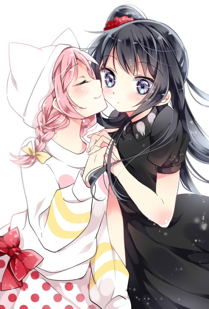 2girls akemi_homura alternate_costume alternate_hairstyle animal_hat ayumaru_(art_of_life) bangs black_dress black_hair blush bow braid casual cat_hat cheek_kiss closed_eyes closed_mouth dress eyebrows eyebrows_visible_through_hair hair_bow hair_ornament hair_scrunchie hat highres holding_hands interlocked_fingers kaname_madoka kiss long_hair long_sleeves looking_at_viewer mahou_shoujo_madoka_magica multiple_girls one_side_up pink_hair polka_dot_skirt red_bow scrunchie short_sleeves simple_background twin_braids twintails upper_body violet_eyes white_background yellow_bow yuri