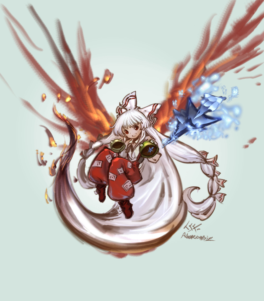 1girl absurdly_long_hair baggy_pants burning_hair chibi fiery_wings fire fujiwara_no_mokou hair_ribbon highres ice long_hair pants red_eyes red_pants ribbon silver_hair simple_background smile solo touhou very_long_hair wings zm