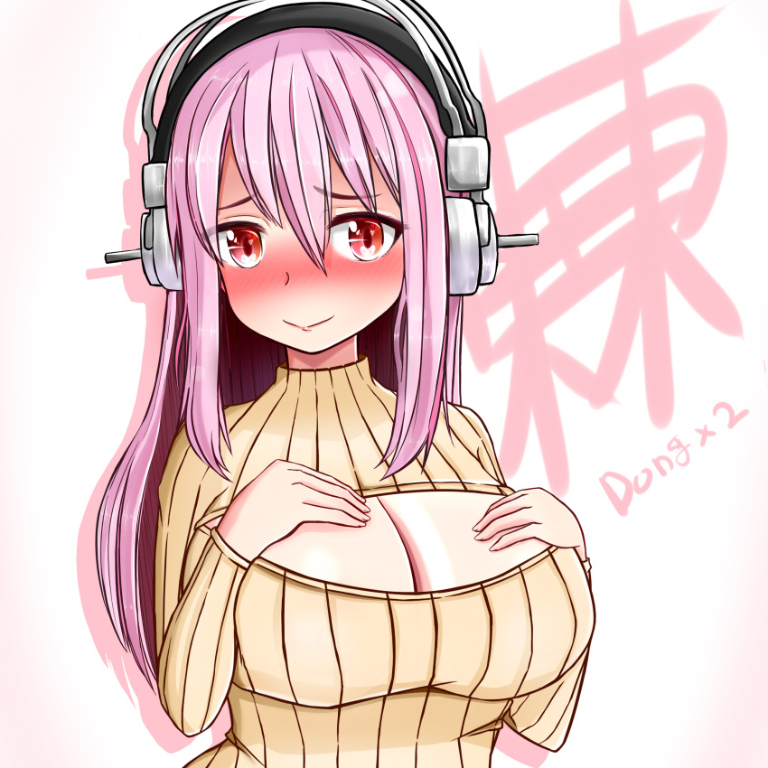 1girl blush breasts cleavage cleavage_cutout hands_on_own_chest headphones heart heart-shaped_pupils highres large_breasts long_hair looking_at_viewer nitroplus open-chest_sweater pink_hair red_eyes ribbed_sweater smile solo super_sonico sweater symbol-shaped_pupils tras030303 turtleneck turtleneck_sweater