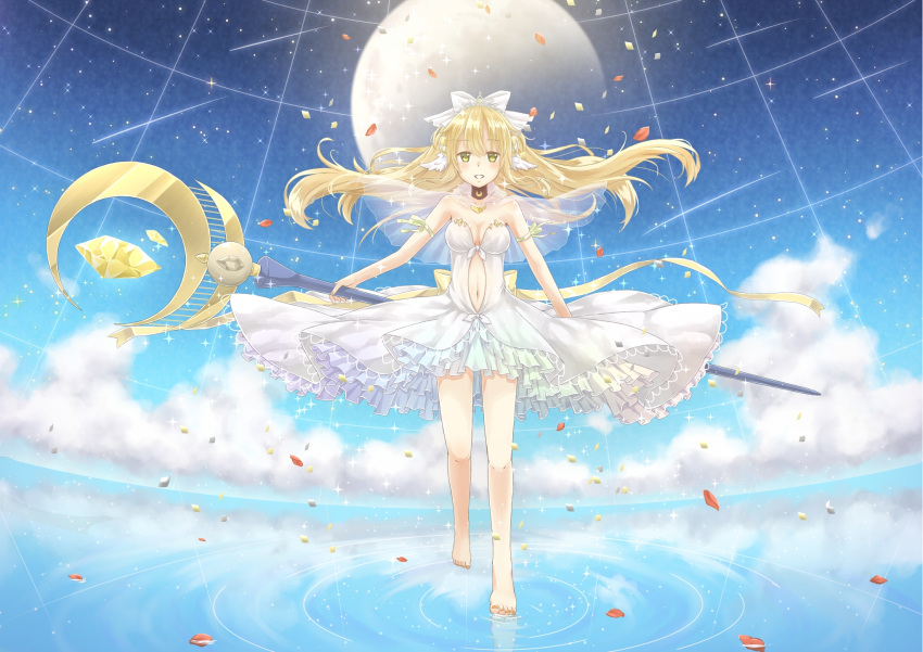 artist_request bare_shoulders barefoot blonde_hair bow breasts capelet cleavage clouds dress hair_bow highres legs long_hair moon navel petals ripples see-through sky source_request staff star_(sky) starry_sky toenail_polish walking walking_on_water yellow_eyes
