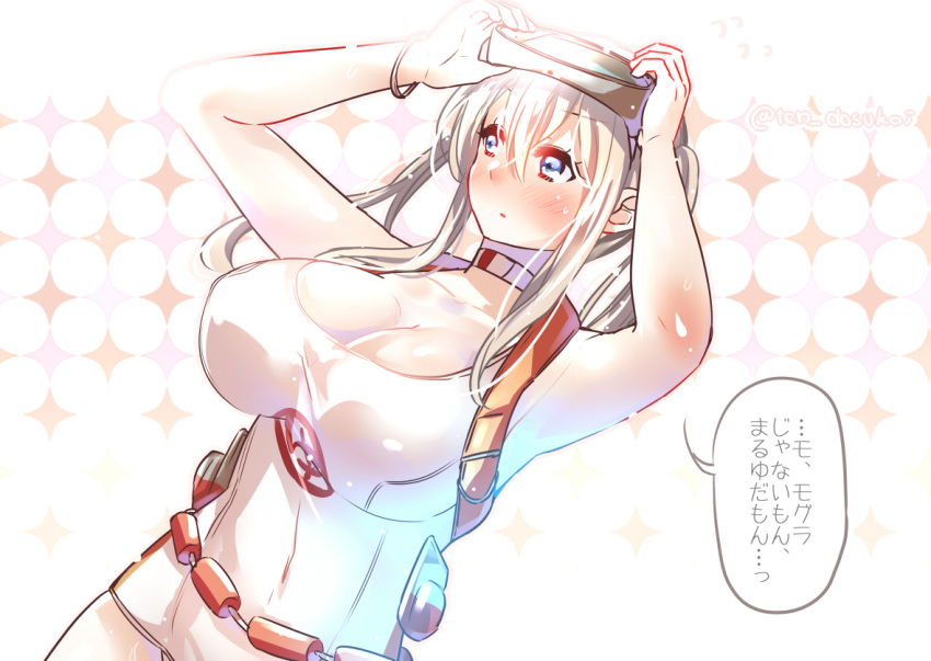 1girl blonde_hair blue_eyes breasts cleavage cosplay diving_mask diving_mask_on_head dutch_angle graf_zeppelin_(kantai_collection) juurouta kantai_collection long_hair maru-yu_(kantai_collection) maru-yu_(kantai_collection)_(cosplay) school_swimsuit standing swimsuit translation_request twintails white_school_swimsuit white_swimsuit