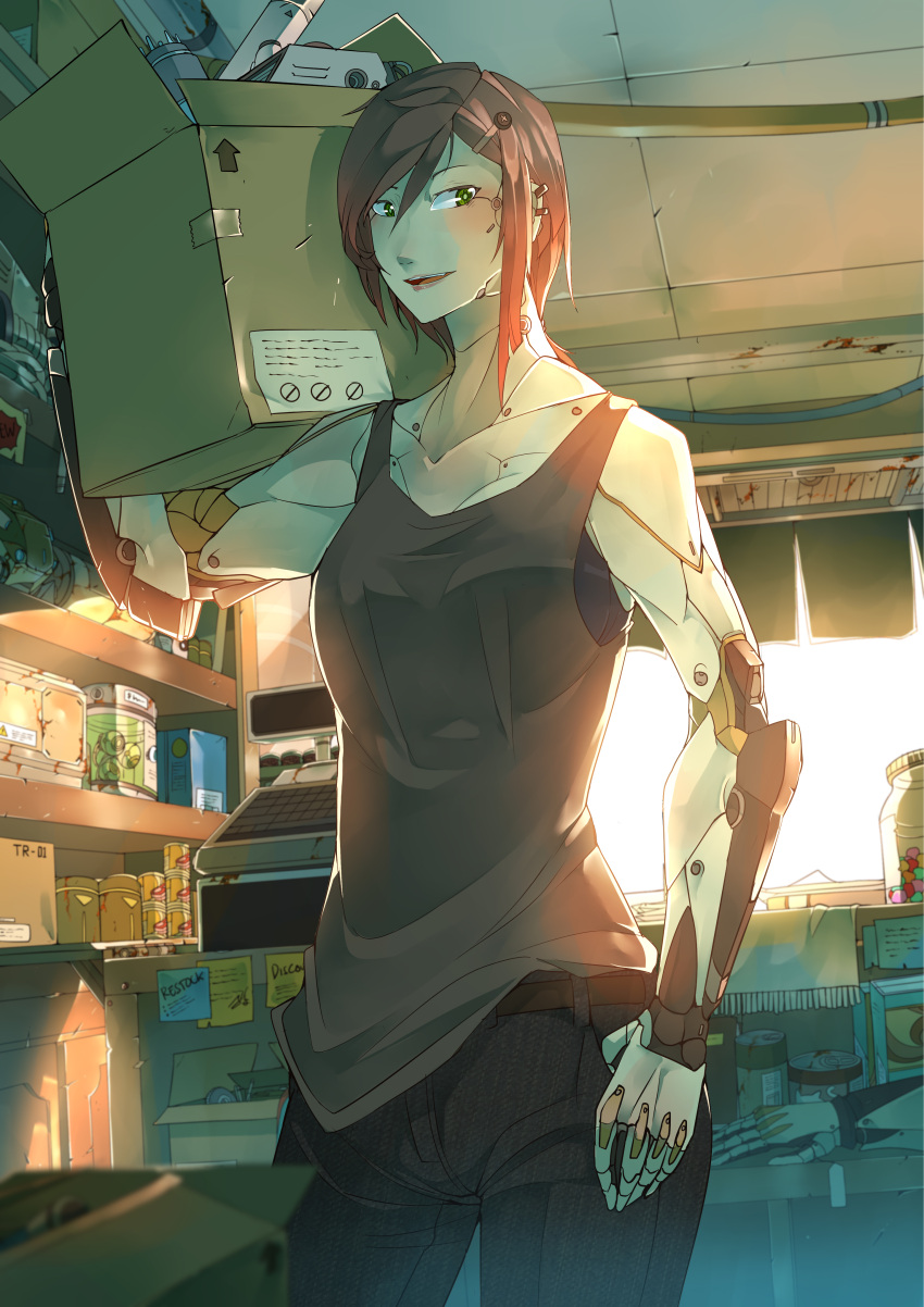 1girl absurdres belt box breasts carrying cyborg highres jar looking_at_viewer original pants parted_lips parts_exposed post-it shelf short_hair sinlaire smile solo tank_top