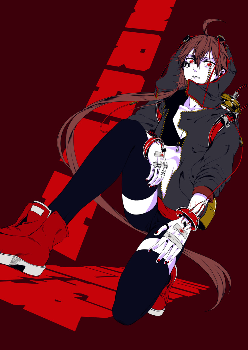 1girl ahoge alternate_costume bandaid bite_mark black_bra black_legwear black_shorts blood boots bra bracelet breasts cleavage clenched_teeth collarbone facial_tattoo from_below hair_between_eyes hair_tie highres hood hooded_jacket injury jacket jewelry jin_chongtian long_hair looking_at_viewer red_background red_boots red_eyes shorts solo stitches tattoo teeth text thigh-highs underwear unzipped vocaloid vocanese white_skin yuezheng_ling