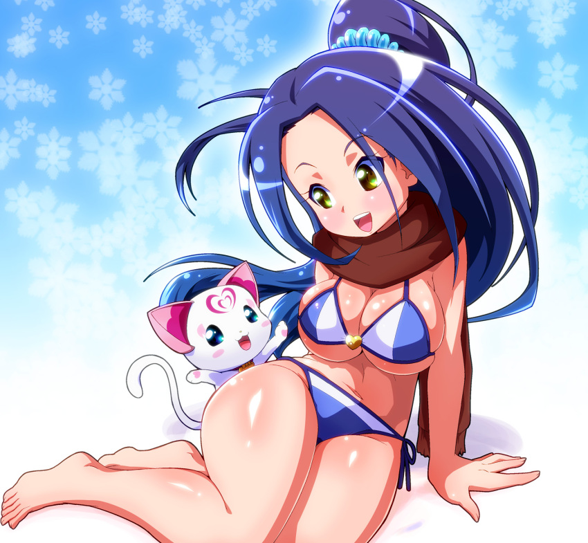 1girl :d barefoot bikini blue_background breasts brown_eyes brown_scarf cat cleavage full_body half_updo highres hummy_(suite_precure) kurokawa_eren long_hair looking_at_another open_mouth ponytail precure purple_hair ryuuta_(cure_ryuuta) seiren_(suite_precure) shiny shiny_skin skindentation smile suite_precure swimsuit